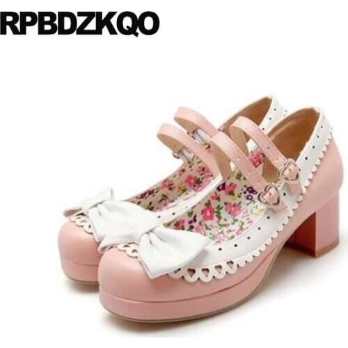 Size 33 Plus High Heels Bow Pumps Cute Strap Square Toe Block Kawaii Mary Jane Women Sweet Lolita Shoes 11 43 Pink 10 42 Medium