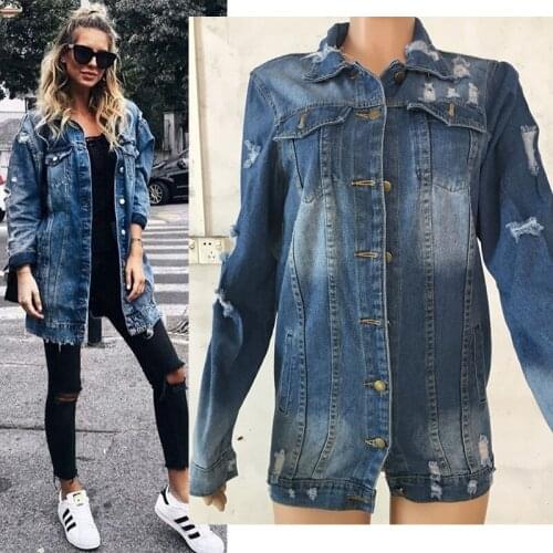 Ladies long denim jacket European and American style elegant large size hole design female casual coat denim windbreaker blue