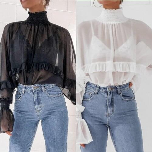 Autumn White Black Sexy Perspective Lace Ruffles Elegant Chiffon Tops Flare Sleeve Shirt Women High Collar Blouse Pullover Sweet