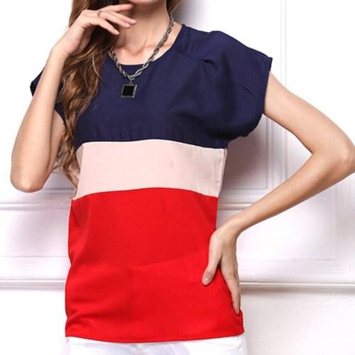 Chiffon Blouse 2019 Women Casual Womens Tops And Blouses Patchwork Color Block O Neck Short Sleeve Shirt Blouse Tops Blusa