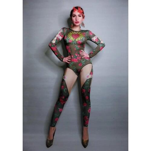 Women Singer Costume Stage Bar Outfit Red Diamond Flowers Leaves Pattern Jumpsuit Prom Birthday Celebrate Bodysuit