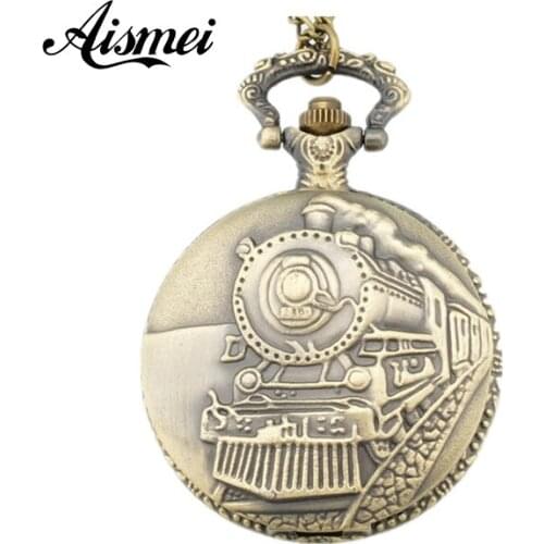 2018 Bronze Train Front Locomotive Engine Necklace Pendant Quartz Pocket Watch 5 piece/lot