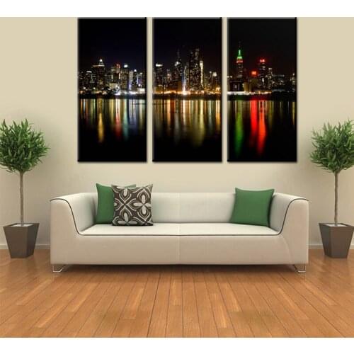 3Piece Modern Home Decor Landscape Painting Colorful Lake Reflection Oil Painting City Night Art Pictures Canvas Prints Freeship