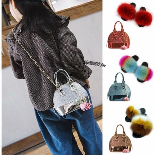 Kids Fashion Bling Shoulder Bags Sets Mini Handbag Childrens Fox Fur Slippers Girls Fluffy Furry Sandals Cute Toddler Shoes