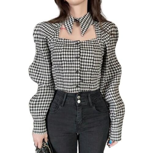 Kawaii Girls Plaid Shirts Women Long Sleeve Short Shirts Cute Crop Tops Women Short Blouses Tops