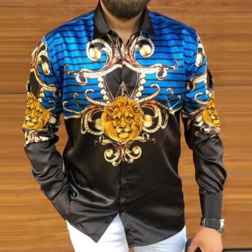 2021 Autumn New Vintage Lion Print Long Sleeve Slim Shirts For Men Fashion Buttoned Tops Mens Turn-down Collar Shirt Streetwear