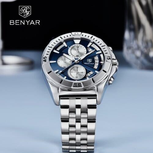 Benyar 2021 New Simple Design Mens Quartz Watch Stainless Steel Six Pin 43mm Hollow Out Luminous Waterproof Watch Reloj Hombre