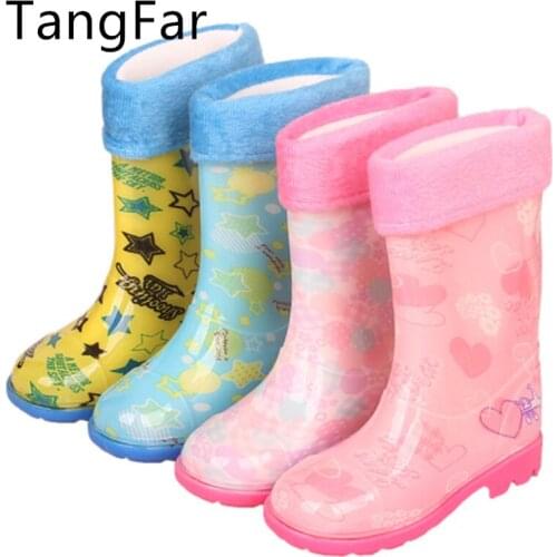 Children School Students Rain Boots Female Male PVC Waterproof Plus Velvet Warm Print Kids Ankle Rain Botas