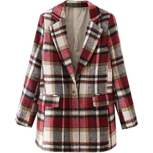 New Fashion Retro Color Matching Plaid Single Button Notch Lapel Suit Jacket Casual Lady Blazers