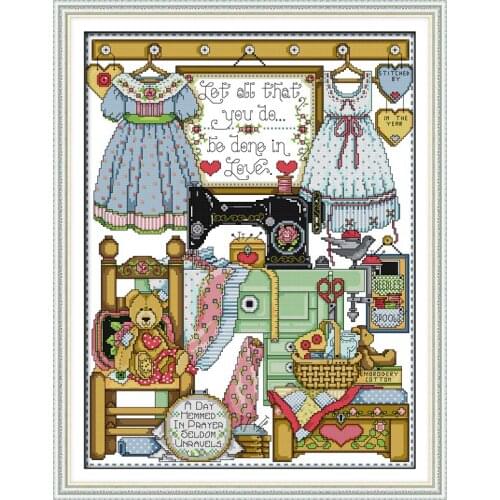 Oneroom cartoon style Tailor shop cross stitch patterns love design christmas gift stamped needlework for children