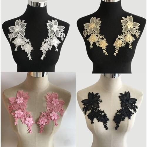 A pair of sale 3D flower Embroidery Polyester Lace collar DIY application Lace fabric Materials ABS pearl Dress Sewing Accessory