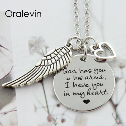 GOD HAS YOU IN HIS ARMS I HAVE YOU IN MY HEART Engraved Pendant Charms Miscarriage Memorial Necklace Jewelry 10Pcs/Lot, #LN285