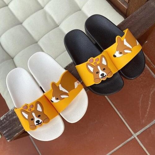 Women Summer Slippers Slide Sandals Beach Flip Flops Cartoon Dog Corgi Comfortable Thick Sole Girls Flat Shoes Zapatillas Mujer