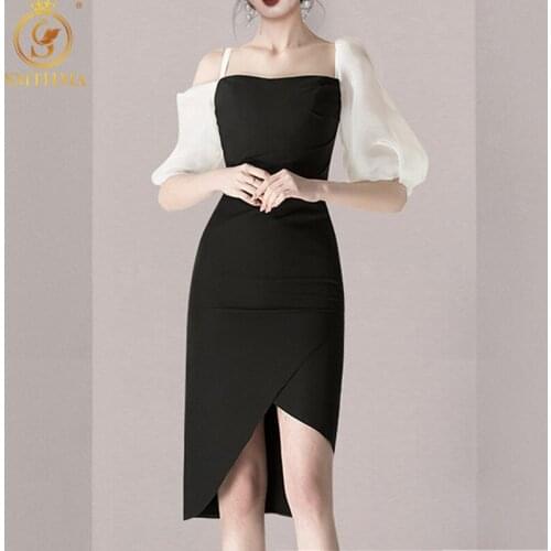 SMTHMA 2021 New Arrival Sexy Spaghetti Strap Summer Dress Robe Womens Korea Chic Solid Dresses Vestidos