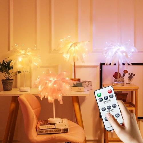 LED Feather Night Light Remote Control Table Lamp Battery/USB Atmosphere Fairy Lights Home Bedroom Party Wedding Christmas Decor