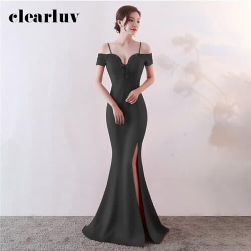 Evening Dresses Black Sling Mermaid Robe De Soiree DX343-1 Plus Size Tassel Formal Dress 2020 Boat Neck High Split Evening Gowns