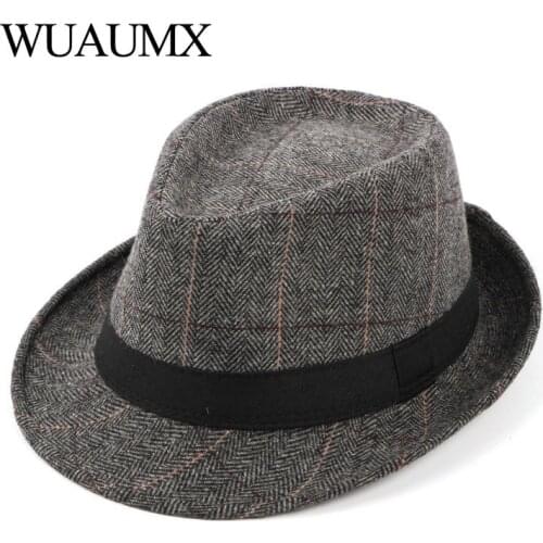 Wuaumx 2020 British Style Tweed Jazz Caps Men Top Fedoras Hat For Male Autumn Winter Retro Bowler Hats Gentleman Fathers Hat