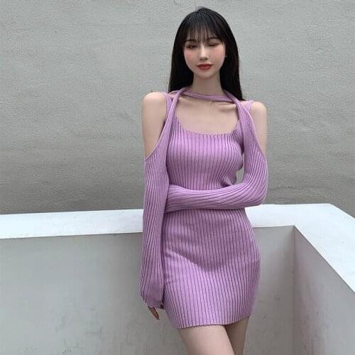 Female Clothes Spring Autumn Hollow Out Long Sleeve Sexy Bodycon Dress Halter Purple Knitted Dress for Women Fashion New