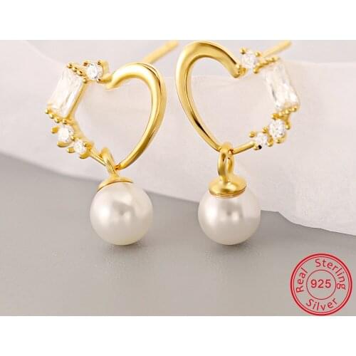 ZS 925 Silver Heart Shape Pearl Dangle Earring Women Girls Gold Color Drop Earring Female Cute Hang Earring Ear Piercing Jewelry