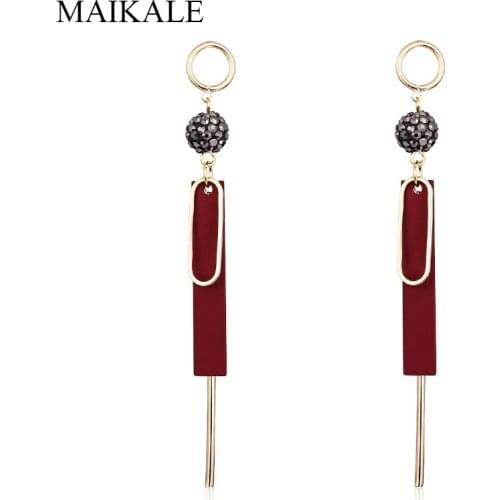 MAIKALE Minimalist Red Green Hanging Earrings Zirconia Crystal Ball Golden Plated Geometric Strip Long Earrings for Women Girls