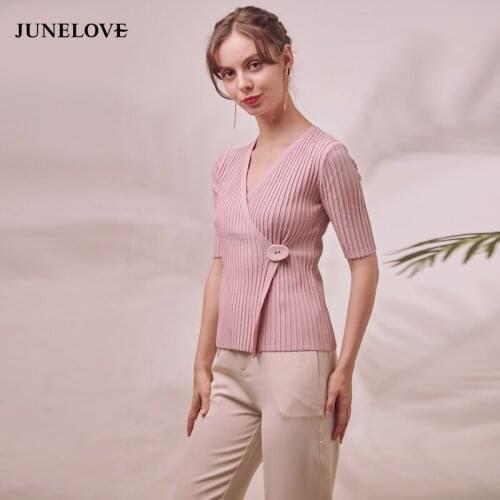 JuneLove women V-neck Slim Striped sweaters Vintage female single botton Sweater office lady Irregular half sleeve cardigans top