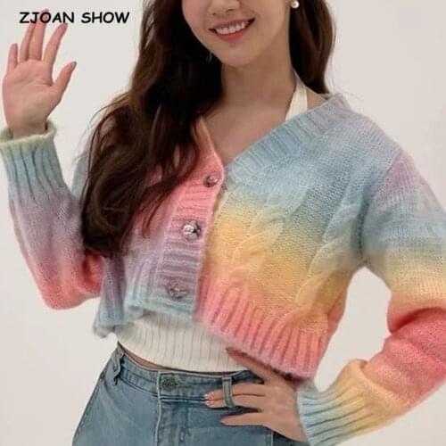 2021 Autumn Tie-dye Colored Print Knitting Crop Cardigan Women V neck Single-breasted Buttons Long sleeve Sweater Short Jumper