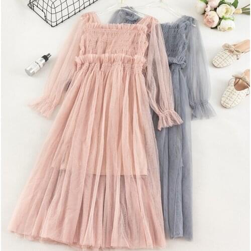 Women Square Collar Flare Sleeve Pleated Ruffles Dress New Vintage A-line Elastic Slim High Waist Mesh Gauze Pullover Midi Dress