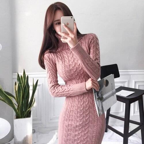 SMTHMA Elegant Solid Slim A-Line Women Sweater Dress Turtleneck Long Sleeve Knitted Office 2021 New Autumn Winter Mid Vestidos