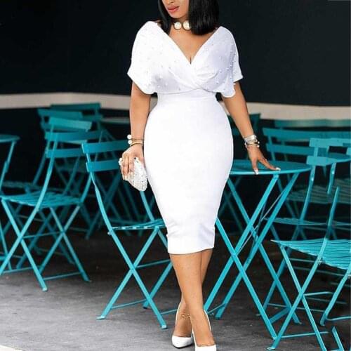 2020 Summer Slim Dresses Women V Neck with Bead Classy Lady Work Office Wear Bodycon Plus Size 3XL Elegant Modest Femme Clothes