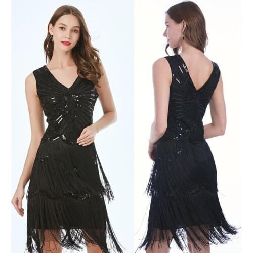 Summer Vintage A-line Sleeveless Knee-length V-neck Fringed Slim Was Thin Black Red Yellow Silver Party Sequin Dress Women 9975