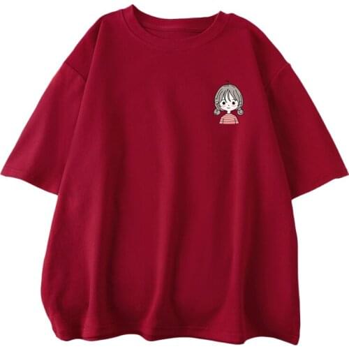 ZuoLunOuBa Summer New Women Clothing Casual T Shirt Printing Comics Braided Cute Little Girl Tees Loose Wine Red Tops Female