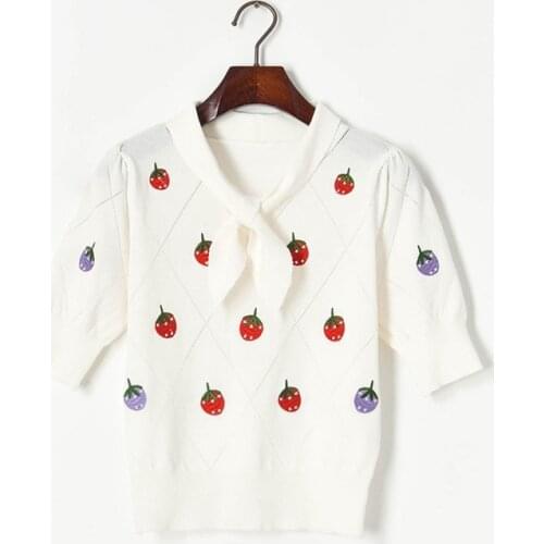 2021 Summer Free Shipping Sweater Lapel Neck Short Sleeve Embroidery Fashion White Blue Womens Clothes XIAO