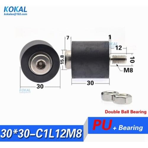 5PCS low noise outer diameter 30mm polyurethane M8 Screw stainless steel TPU PU soft double ball bearing roller wheel M8*30*30mm