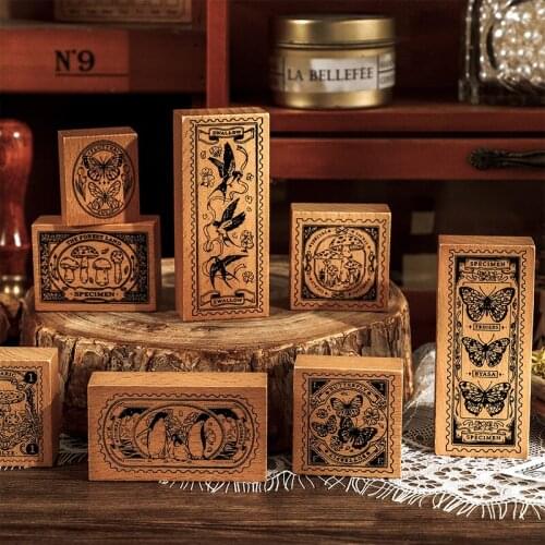 9Pcs/Set Vintage Butterfly Penguin Animal Stamp DIY Wooden Rubber Stamps For Scrapbooking Stationery Scrapbooking Standard Stamp