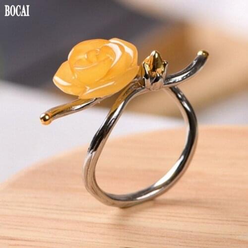 BOCAI 2021 Trend 100% S925 Silver Jewelry Gold-Plated Design Unique Personality Beeswax Roses Exquisite Womens Ring