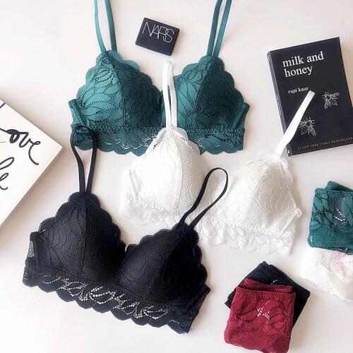 Petal lace half transparent women sexy bra set comfortable wire free sleep underwear fashion lingerie female bra and panty sets