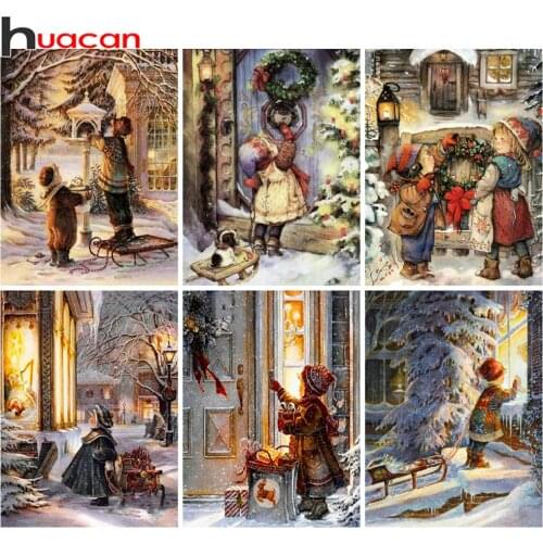 Huacan Diamond Painting Christmas Girl Full Square/round Mosaic Embroidery Winter Snow Portrait Home Decoration Crystal Gift