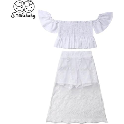 Baby Girl Clothes Set Summer Toddler Kid Princess Outfit Off Shoulder Crop Top+Lace Shorts Skirt Children Party Weddding Costume