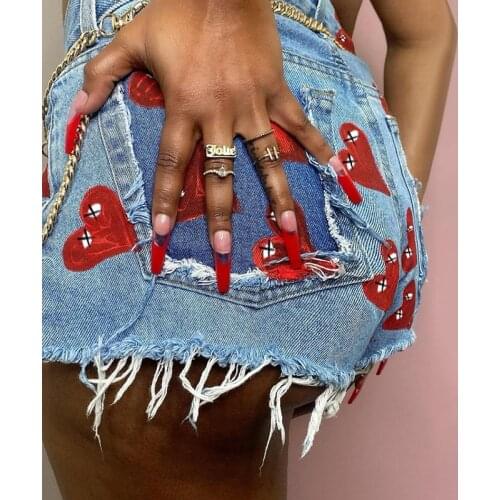 Summer Fashion New Products 2021 Tight-Fitting Slim Mid-Waist Love Print Slim Street Shooting Wild Casual Denim Shorts Women