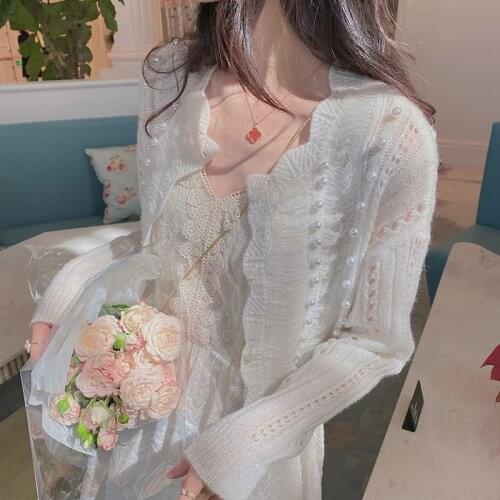 Sweet Hooked White Flowers Knitted Cardigan Summer Thin Pearls Beaded Hollow Crocheted Sweater Coat Smock Crop Tops Knitwear