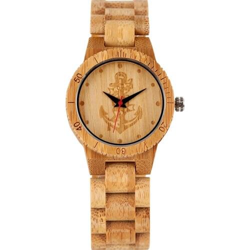 Mens Quartz Wooden Watches Ships anchor Pattern Dial Bamboo Watch Minimalist Elegant Hook Buckle Bamboo Wristwatch