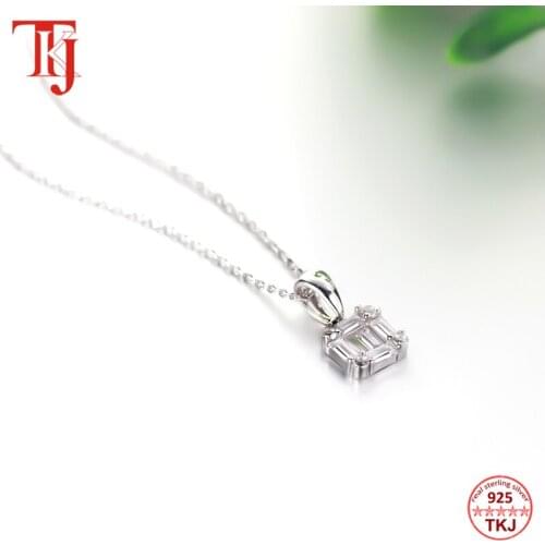 TKJ 925 Sterling Silver Women Necklaces Baguette AAA+ CZ Zircon Pendant Necklace for Girls Chain Necklace Wedding Party Jewelry
