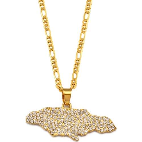 Anniyo 4.2CM Jamaica Map Pendant Necklaces for Men Womens With Rhinestone Jewellery Gold Color Jamaican Jewelry Gifts #159606P