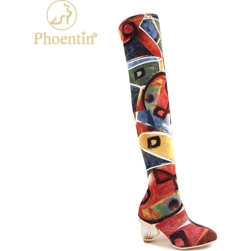 Phoentin colorful painted boots women stretch fabric 2020 retro female boot crystal heels short and long boots women shoes FT462