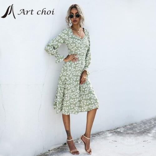 Spring Autumn French Floral Dress Print Skirt Women Casual Vestido Shirring Long Sleeve Elegant Stylish MIDI Chic Party Dresses