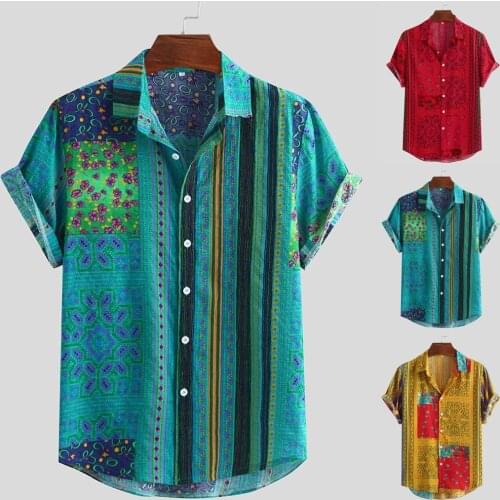 Mens Shirts Tops Colorful Stripe Summer Short Sleeve Loose Buttons Casual Shirt Blouse Patchwork New Design Hot Vocation Tops