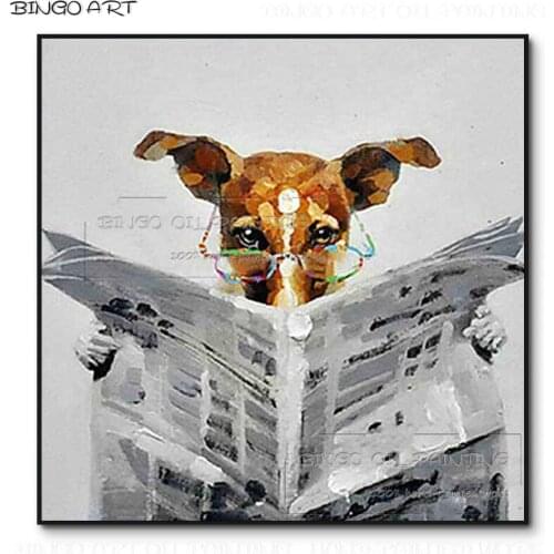 Hand-painted Funny Design Dog Looking at Newspaper Oil Painting Handmade Funny Animal Painting Dog Picture for Wall Decoration