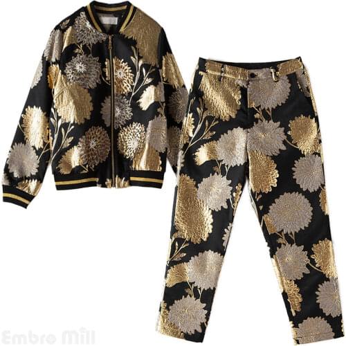 High-end autumn women floral 2 pieces lady set rayon vintage slim beading coat Tops +Jacquard pants lady suit female M-XXL