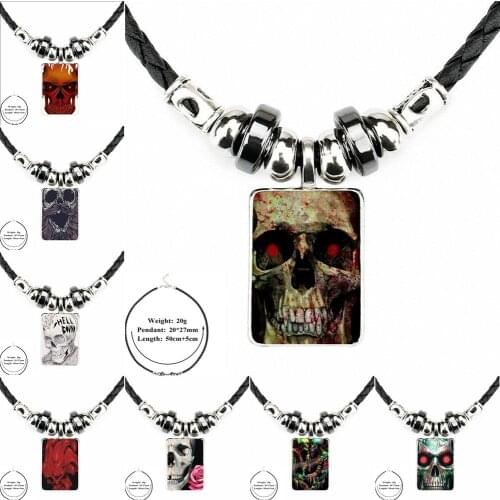 Jewelry Black Leather Bead Pendant Plated Glass Cabochon Choker Necklace For Women Men Party Punk Tattoo Skull Head Emboss Uv