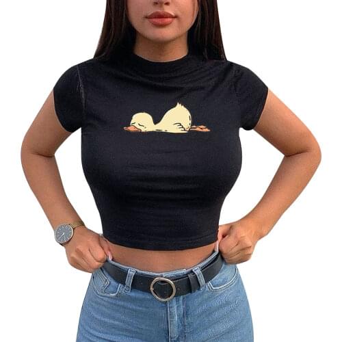 Women Fashion Cartoon Duck Print T-shirt Stylish Short Sleeve Round Neck Crop Top for Ladies